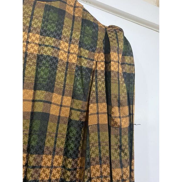 James Galanos Sz XS Silk Dress Shift Green Brown Plaid Long Bishop Sleeves MIDI - Picture 3 of 15